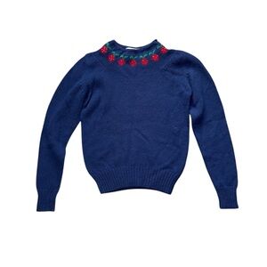 Vintage 70s Navy Strawberry Cottagecore Wool Knit Mockneck Sweater